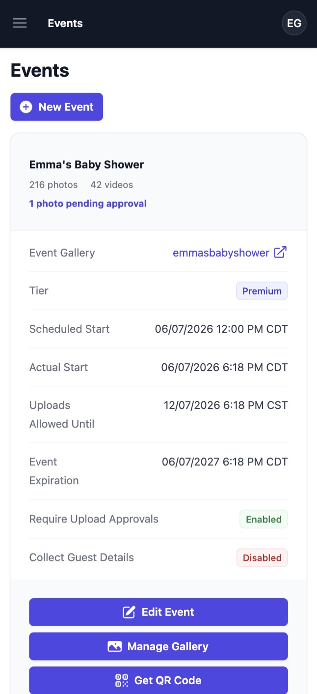 Qrowd Pics event creation interface
