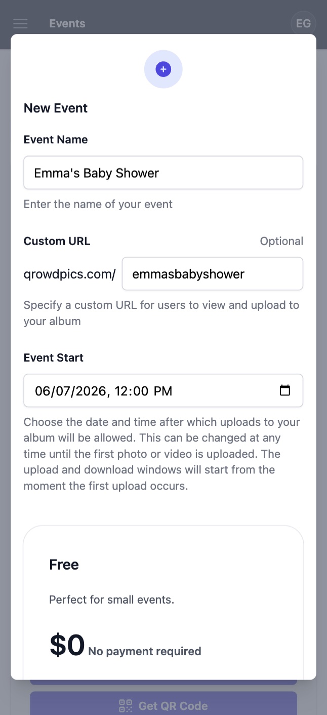 Qrowd Pics event creation interface