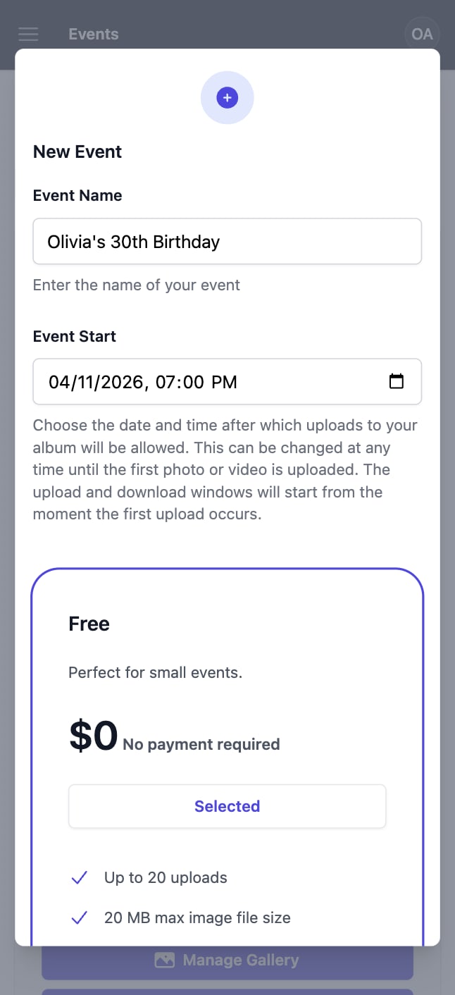 Qrowd Pics event creation interface