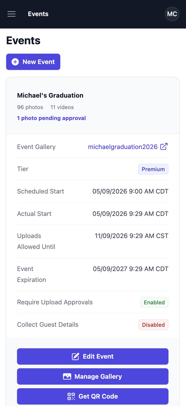 Qrowd Pics event creation interface