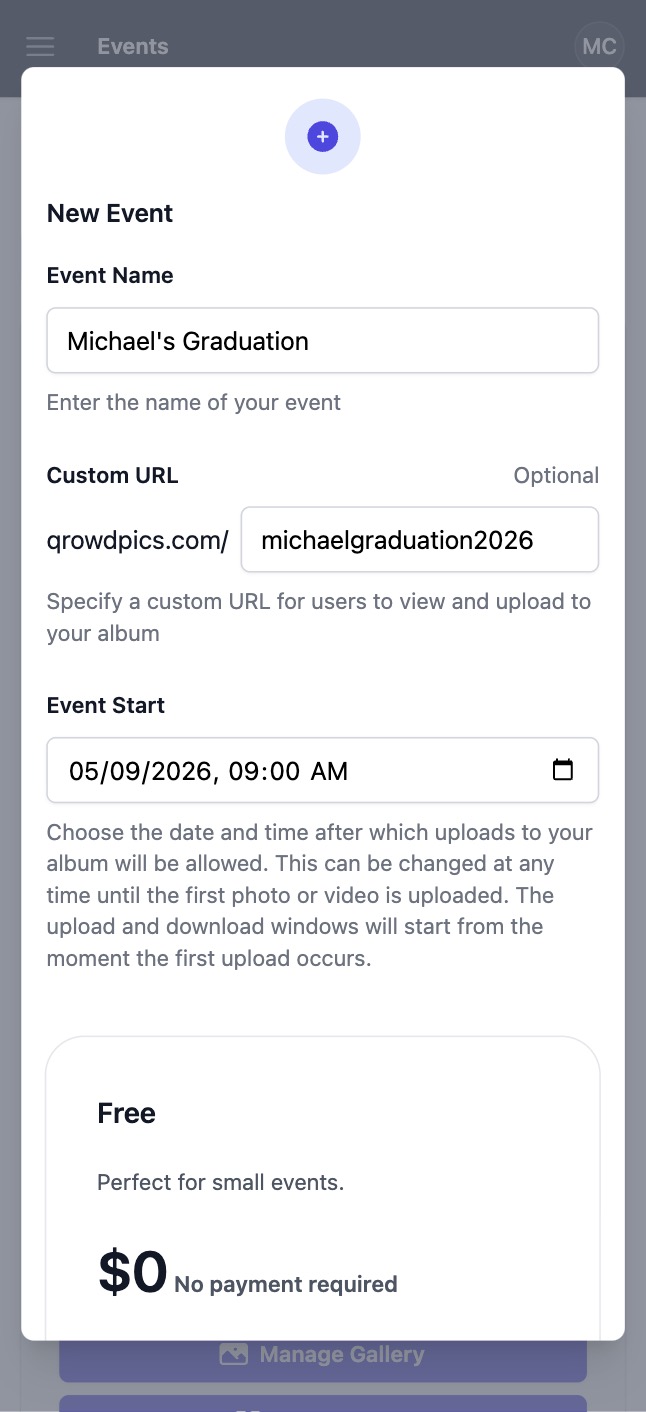 Qrowd Pics event creation interface