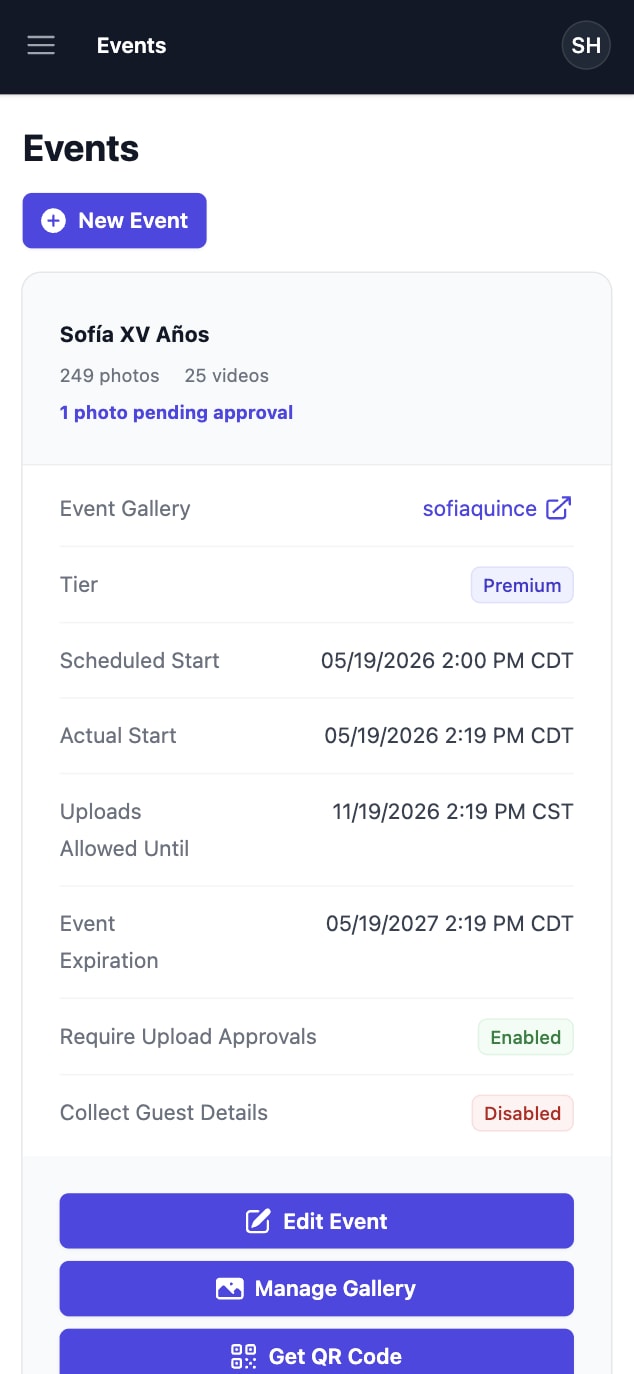 Qrowd Pics event creation interface