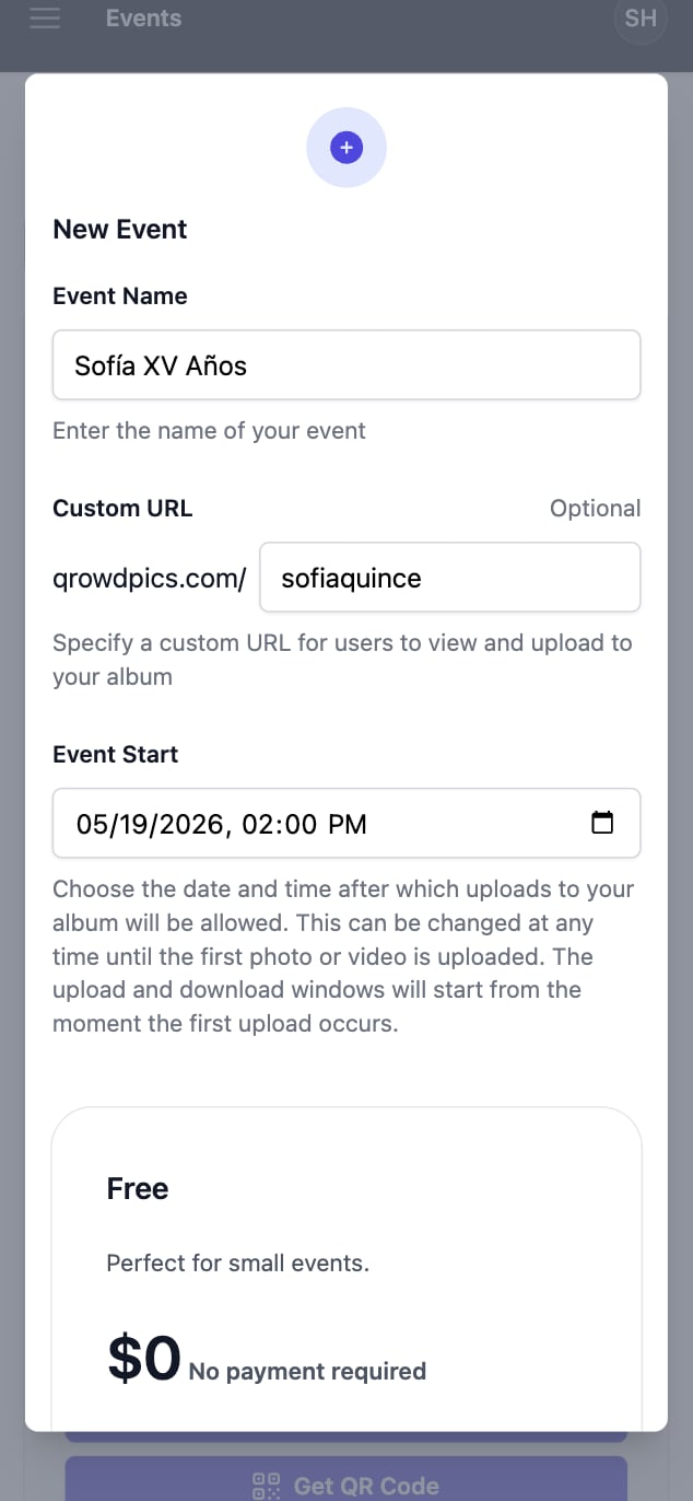 Qrowd Pics event creation interface