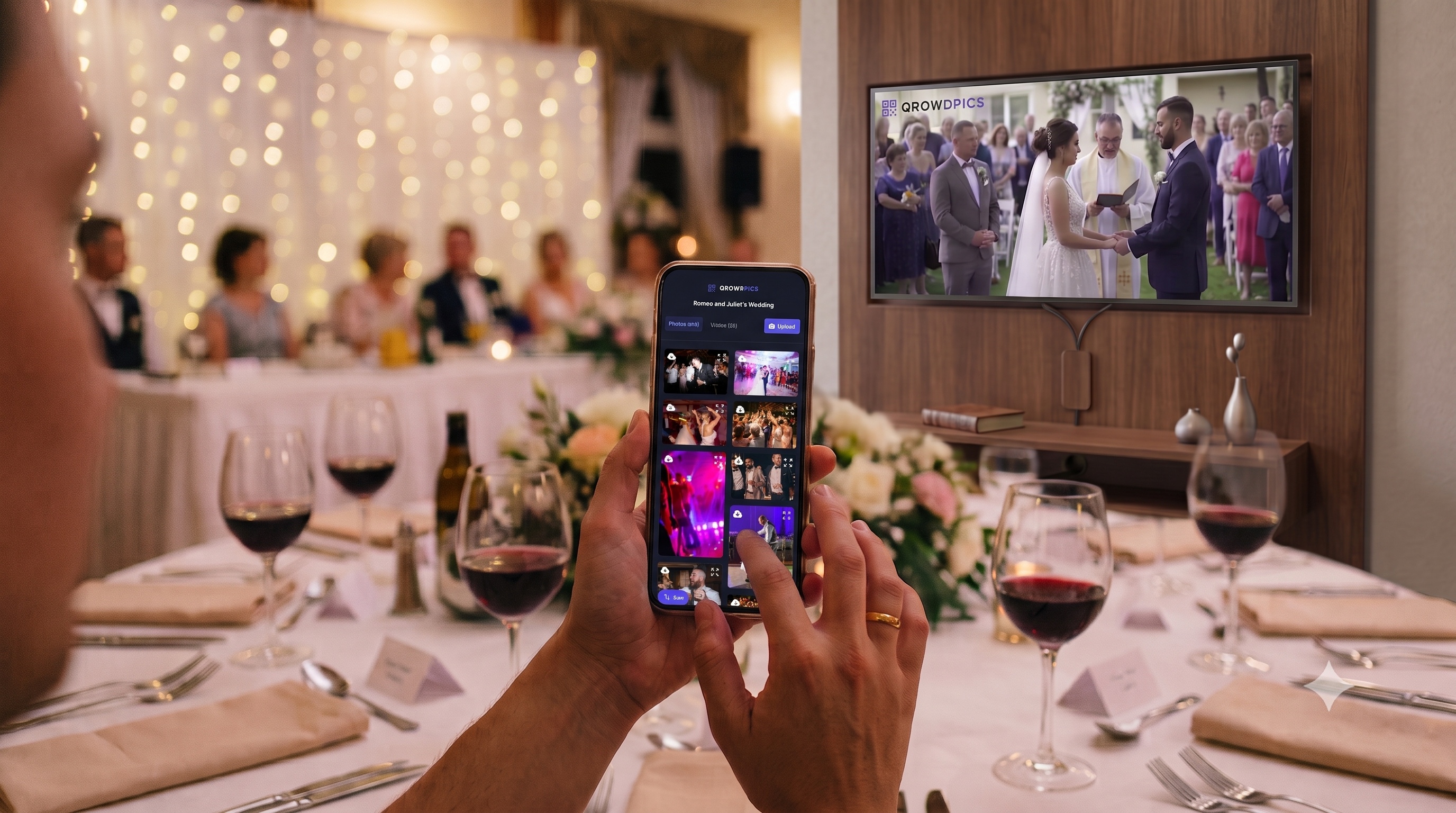 A guest viewing the live photo slideshow on their phone with the same slideshow playing on a TV in the background