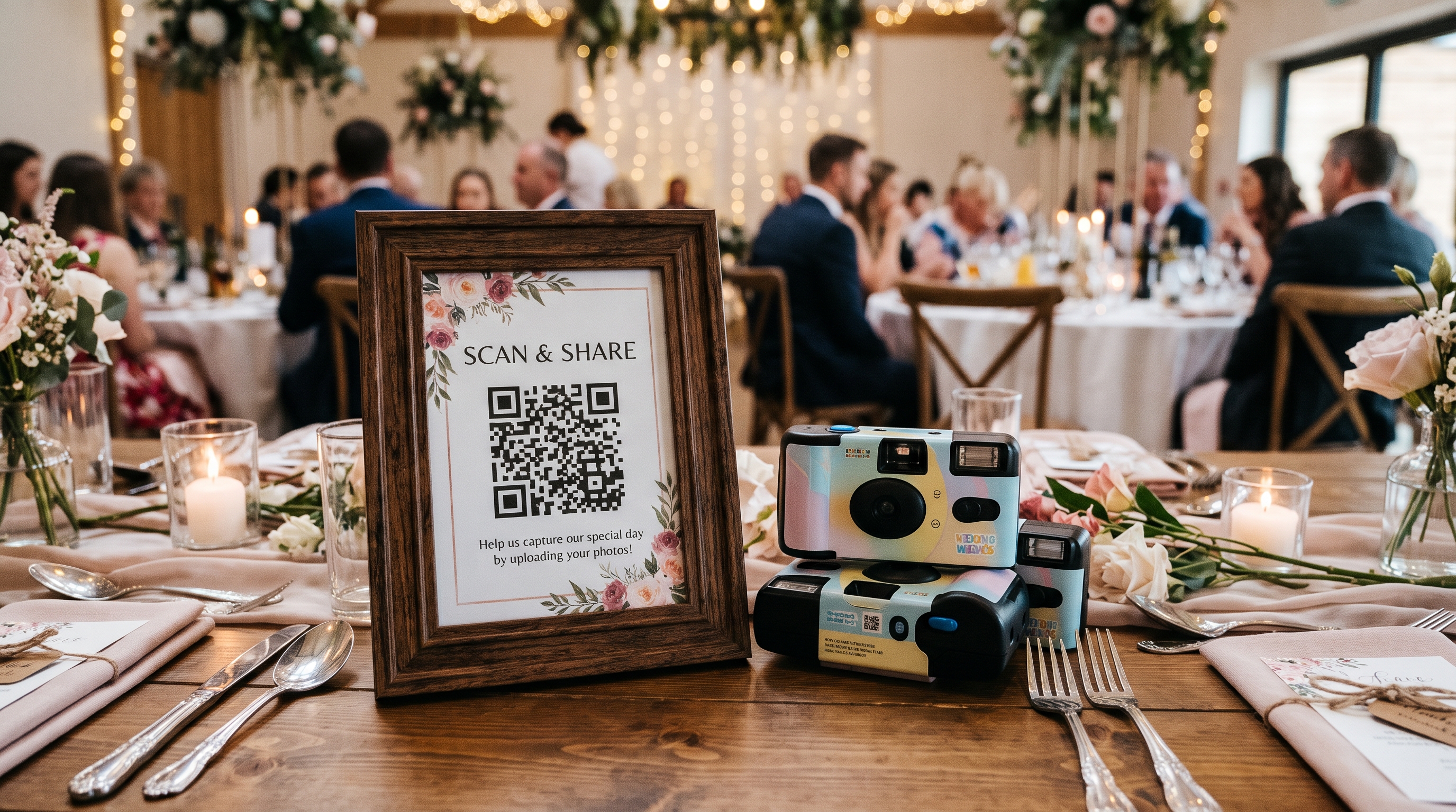 Disposable cameras next to a QR code photo sharing sign on a wedding reception table