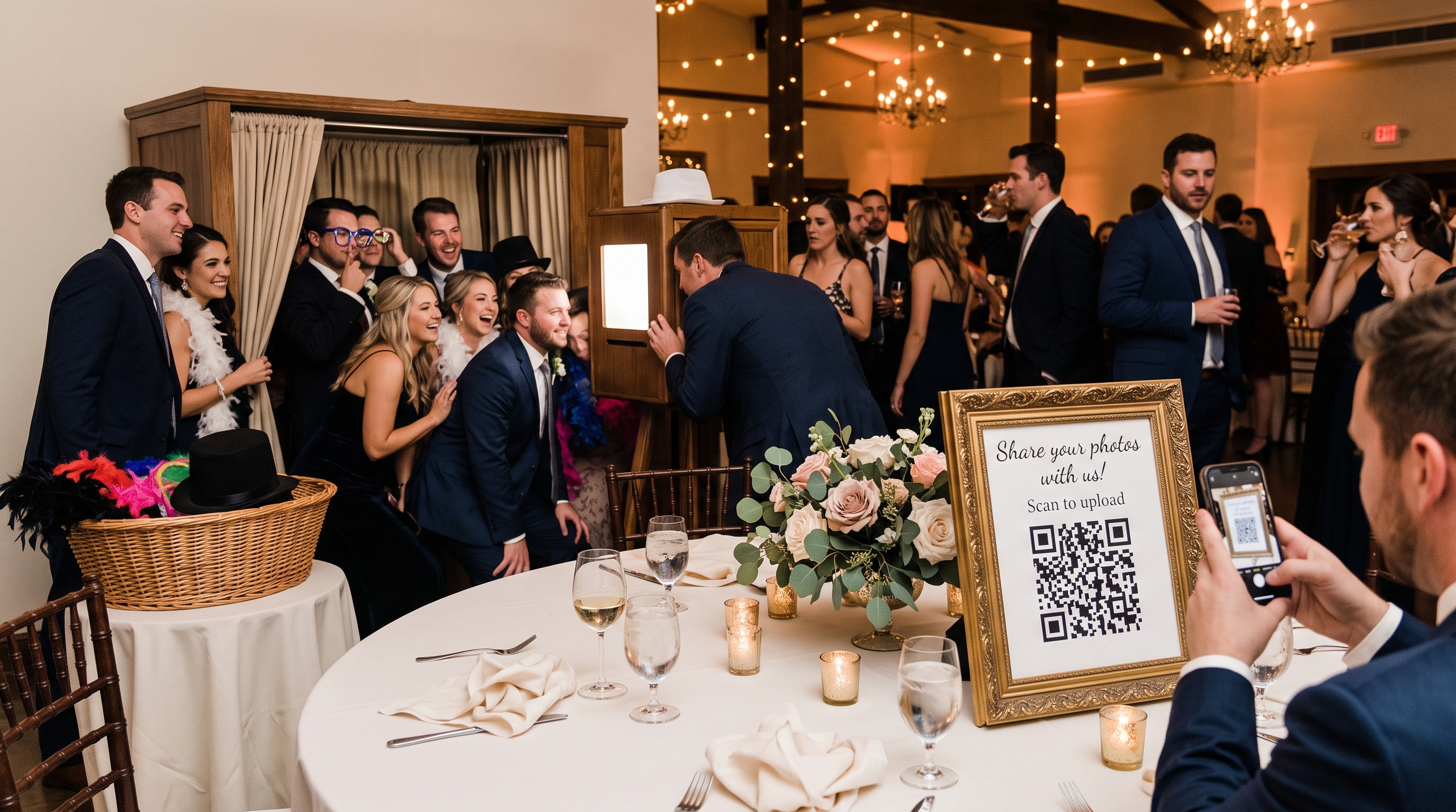 Wedding guests at a photo booth next to a framed QR code sign for uploading photos